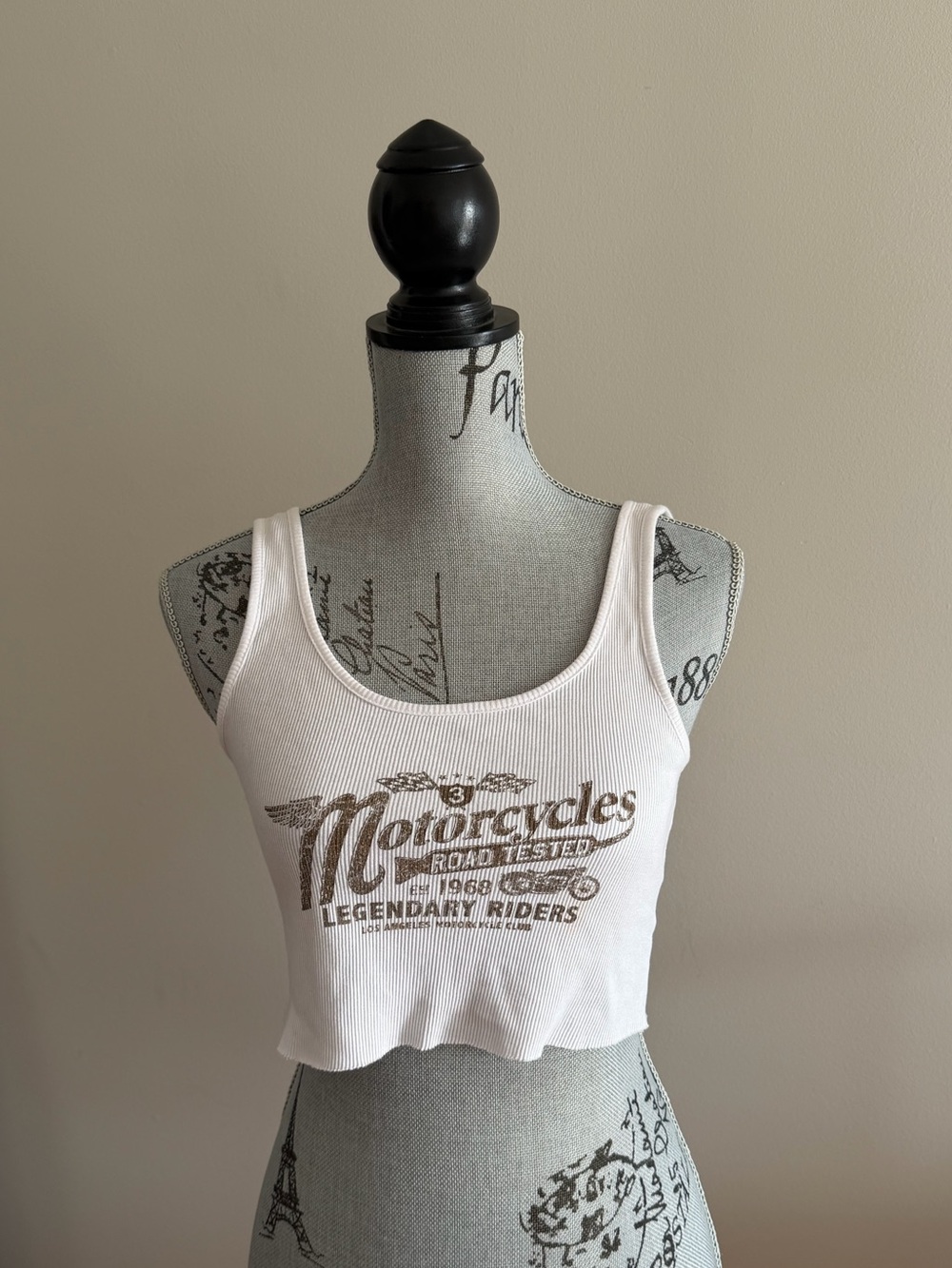 Garage White Motorcycle Graphic Ribbed Crop Tank Top M